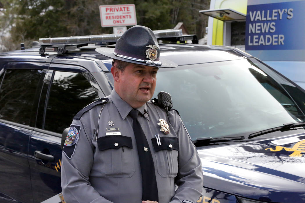 Nevada Highway Patrol PIO, Trooper Travis Smaka, briefs the media on a shooting involving Nevad ...