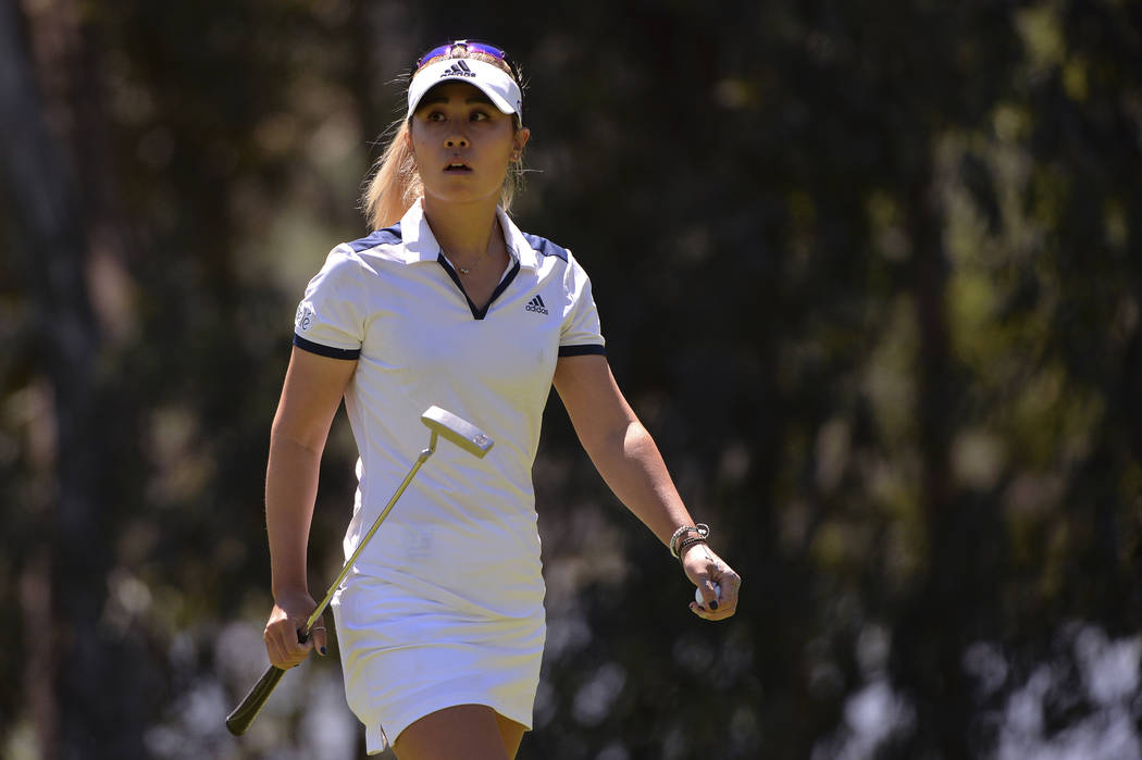 Danielle Kang looks on from the first green during the final round of the Kia Classic LPGA golf ...