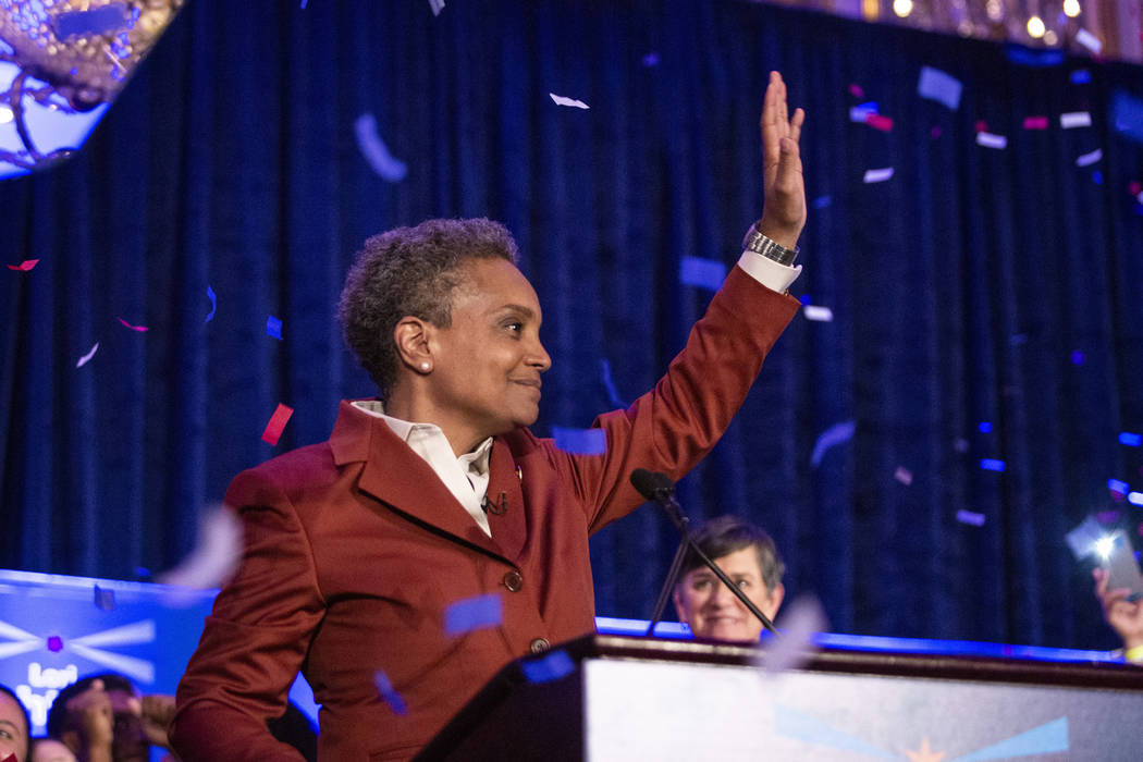 Lori Lightfoot celebrates at her election night rally at the Hilton Chicago after defeating Ton ...