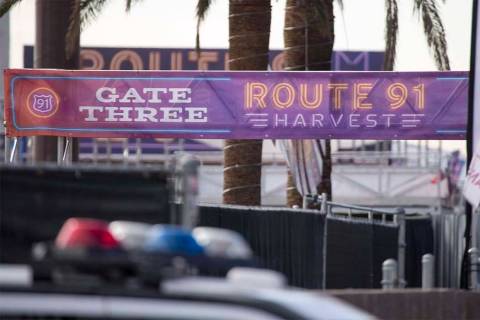 Police keep guard at the site of the Route 91 Harvest country music festival at the Las Vegas V ...