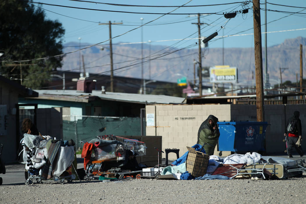 A homeless encampment near the intersection of W McWilliams Avenue and H Street in Las Vegas, T ...