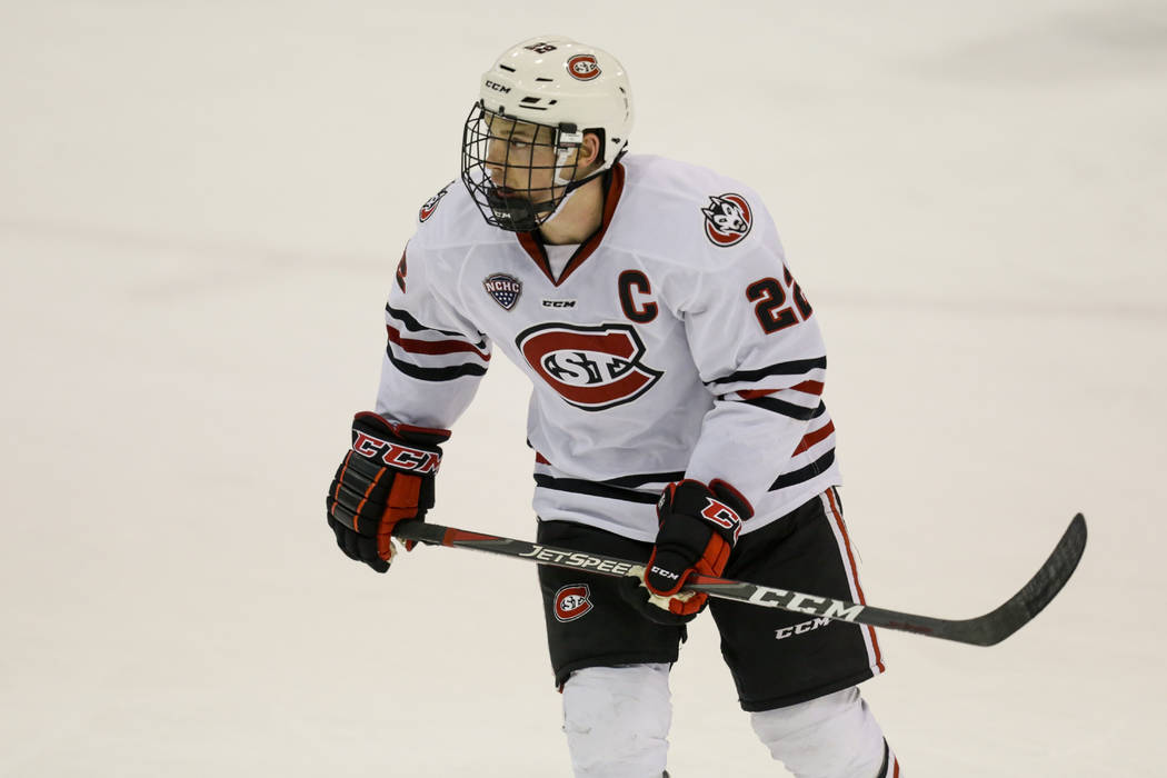 St. Cloud State's Jimmy Schuldt against Colorado College during an NCAA hockey game on Friday, ...