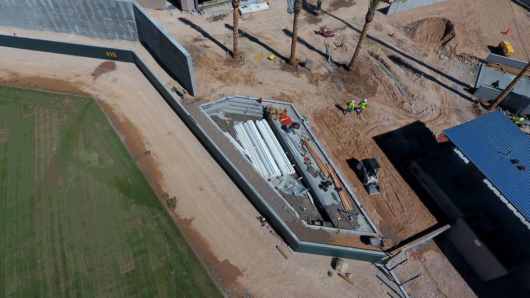 Aerial view of the Las Vegas Ballpark as the outfield swimming pool construction nears completi ...