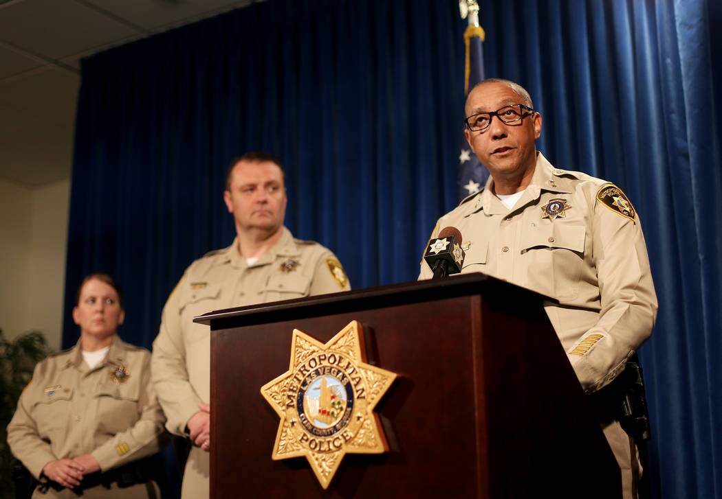 Las Vegas Metropolitan Police Department Assistant Sheriff Charles Hank addresses the media abo ...