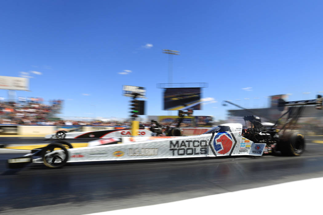 A dragster makes a pass during the Denso Spark Plugs Nationals at The Strip at Las Vegas Motors ...