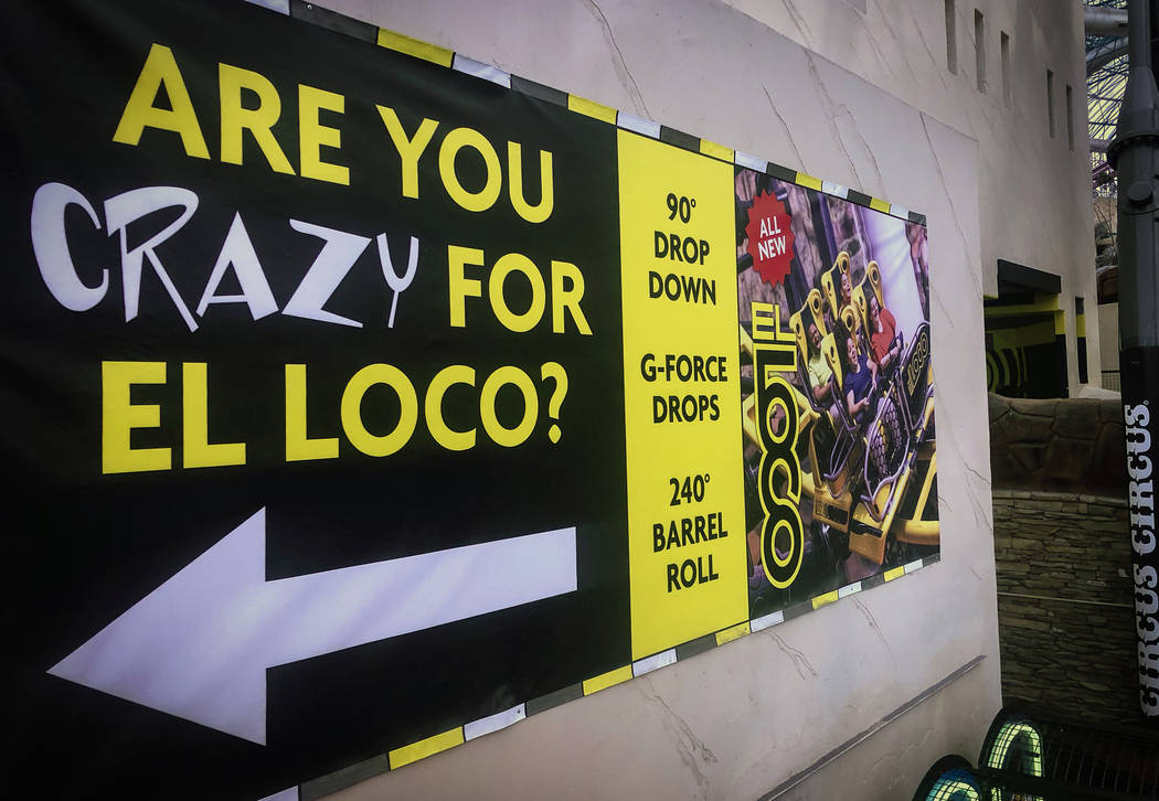 In this March 25, 2019, file photo, a banner of El Loco Roller Coaster is seen at Circus Circus ...