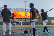 Aviators players wait on deck during batting practice at media day at Las Vegas Ballpark on Tue ...
