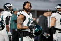 Philadelphia Eagles defensive end Michael Bennett warms up before an NFL football game against ...