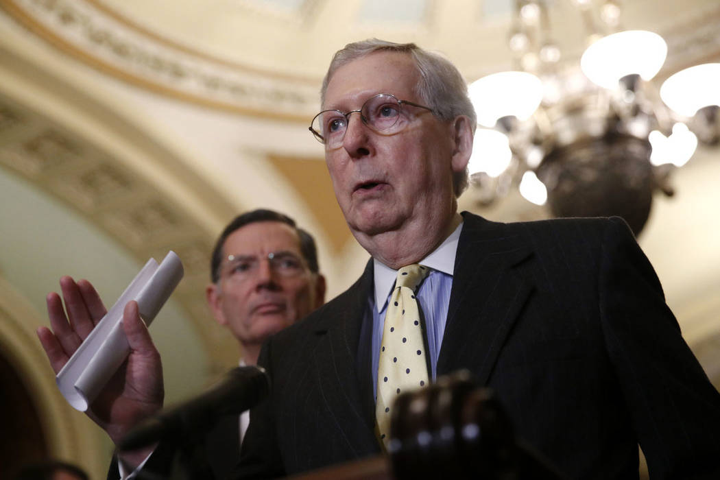 Senate Majority Leader Mitch McConnell of Ky., speaks to members of the media following a Senat ...