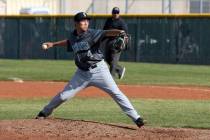 Silverado's Angel Garcia delivers a pitch against Cimarron-Memorial in the third inning of thei ...