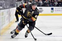 Vegas Golden Knights defenseman Nate Schmidt skates with the puck against the Colorado Avalanch ...