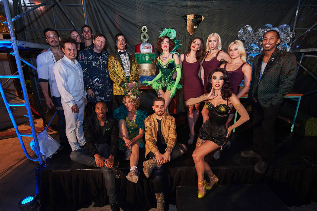 Performers in “Absinthe” celebrate the eighth anniversary party of the show Monday, April 1 ...