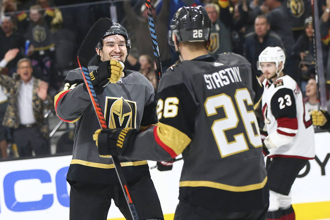 Golden Knights right wing Mark Stone (61) celebrates his goal against the Arizona Coyotes with ...