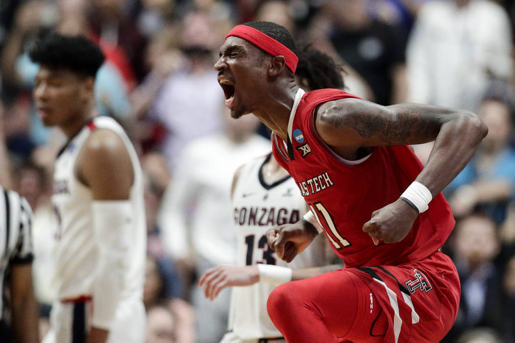 Texas Tech forward Tariq Owens celebrates after a blocked shot against Gonzaga during the secon ...