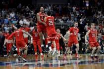 FILE - In this March 30, 2019, file photo, Texas Tech celebrates after a win against Gonzaga in ...