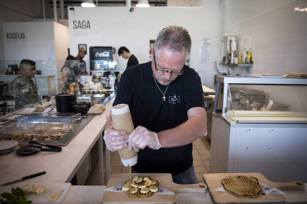 Owner Gert Kvalsund makes a nordic waffle at Saga Pastry + Sandwich in Las Vegas, Sunday, April ...