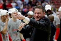 Texas Tech head coach Chris Beard celebrates after the team's win against Gonzaga during the We ...