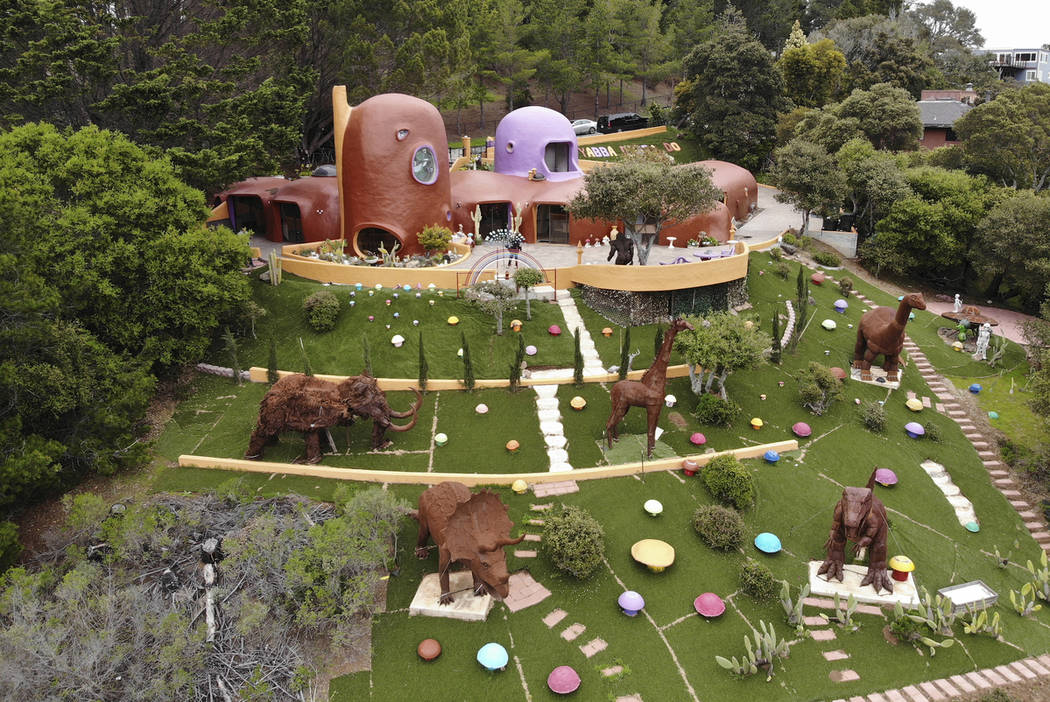 This Monday, April 1, 2019 photo, shows an aerial view of the Flintstone House in Hillsborough, ...