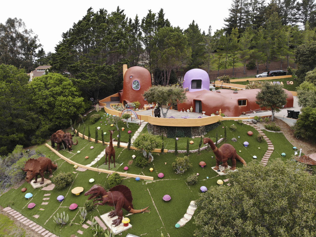 This Monday, April 1, 2019 photo, shows an aerial view of the Flintstone House in Hillsborough, ...