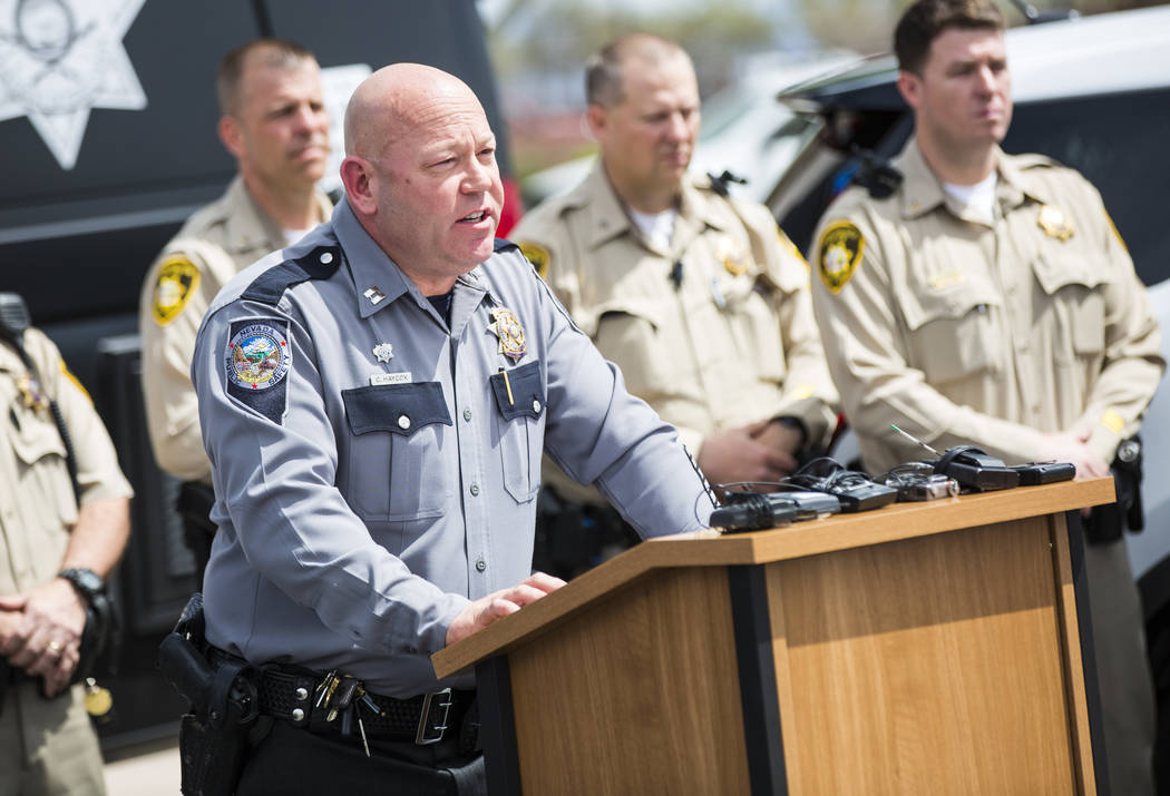 Nevada Highway Patrol Capt. Charles Haycox speaks during an event marking 500 arrests by the DU ...