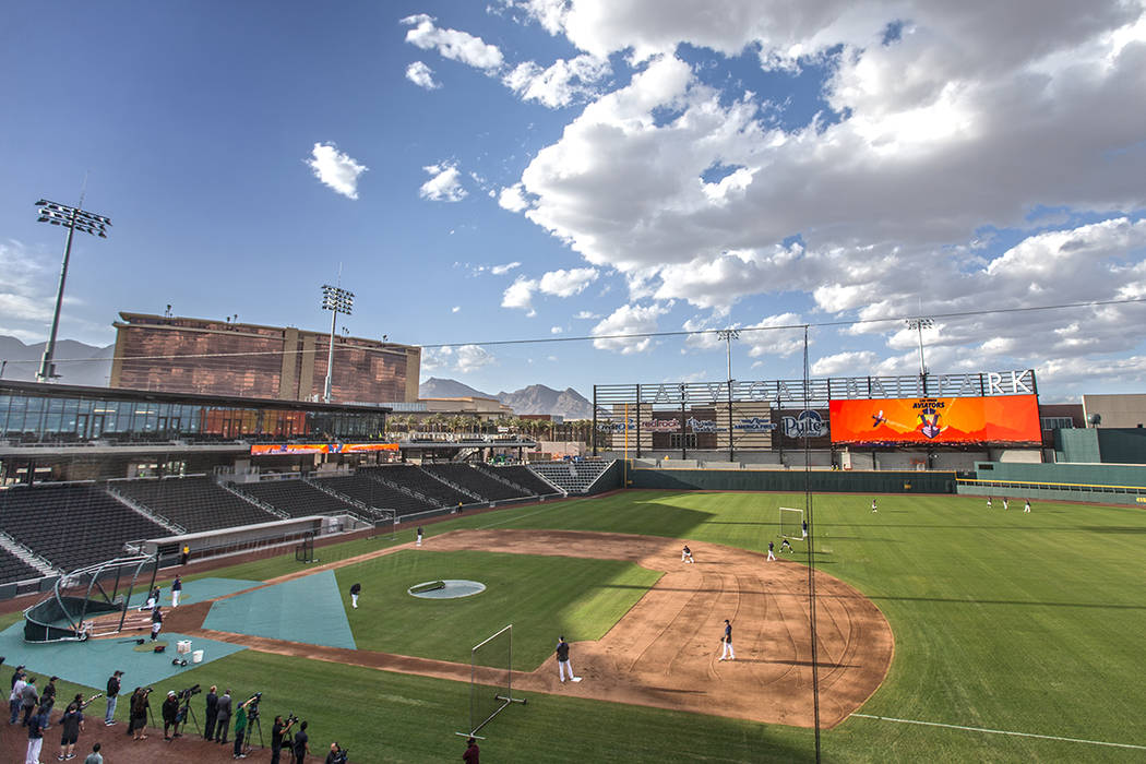 Aviators players work through drills during practice at media day at Las Vegas Ballpark on Tues ...