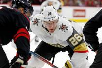Vegas Golden Knights' Paul Stastny (26) eyes the puck against the Carolina Hurricanes during th ...