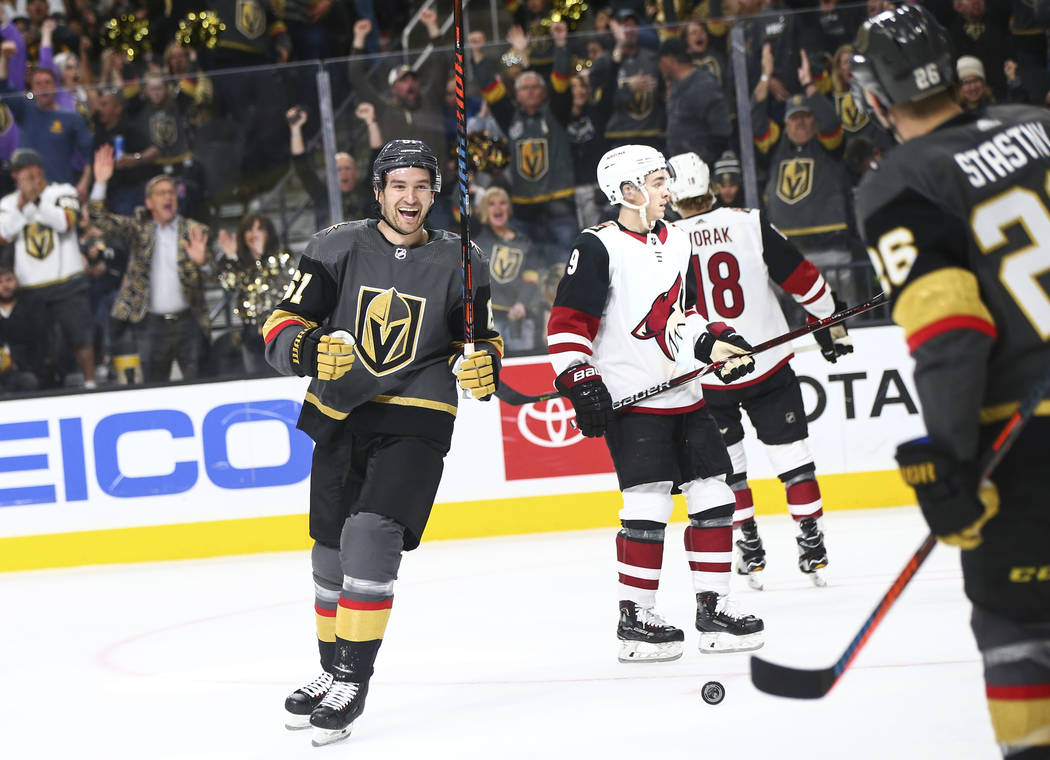 Golden Knights right wing Mark Stone (61) celebrates his goal against the Arizona Coyotes durin ...