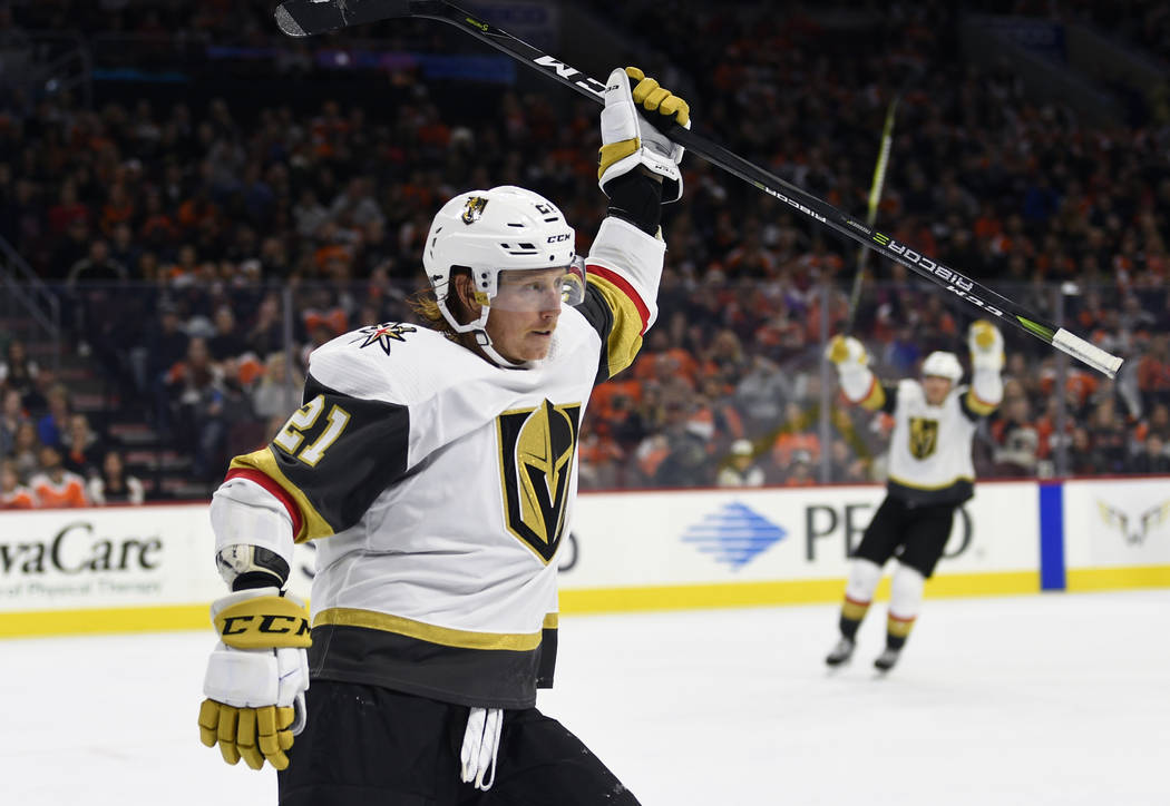 Vegas Golden Knights' Cody Eakin celebrates after scoring a goal on Philadelphia Flyers goalten ...
