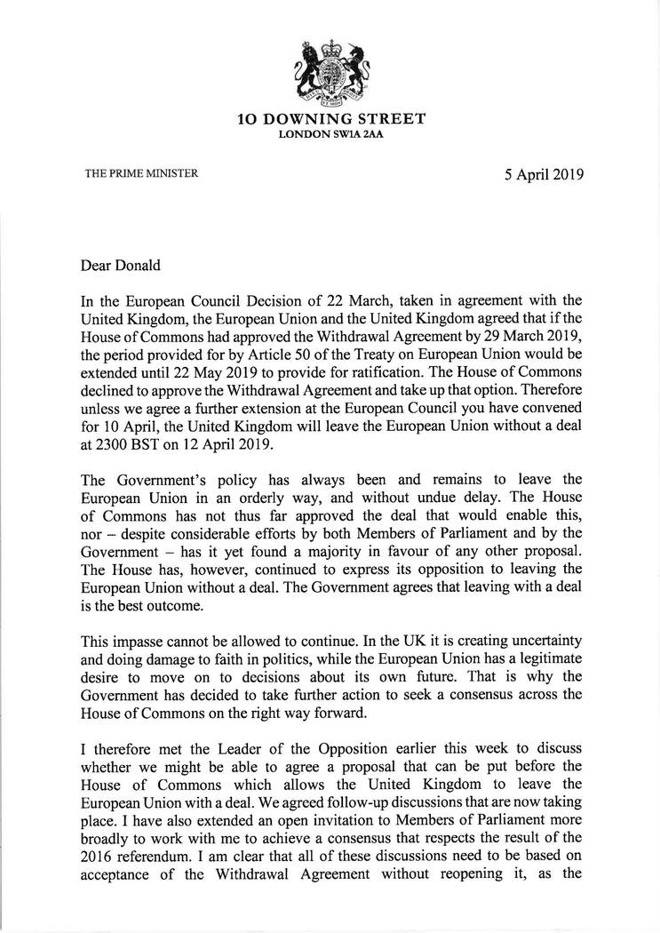 This image issued by number 10 Downing Street on Friday April 5, 2019, shows page one of the le ...