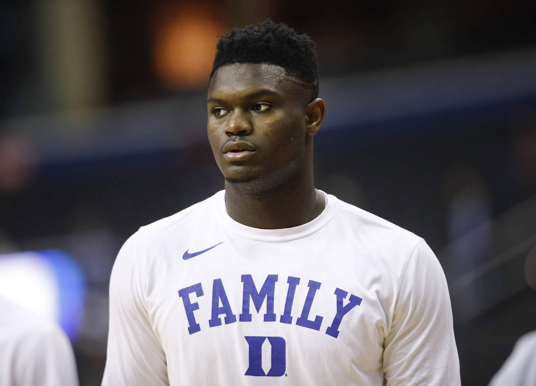 Duke forward Zion Williamson on the court warming up before the start of a NCAA men's East Regi ...