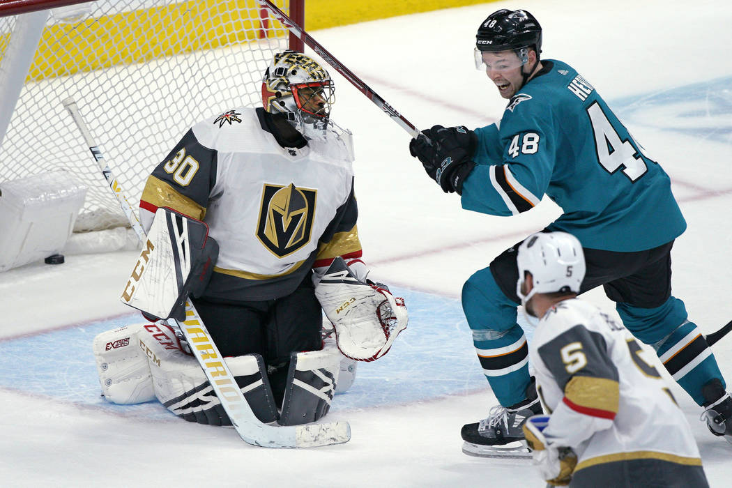 Vegas Golden Knights goaltender Malcolm Subban (30) allows a goal in overtime by San Jose Shark ...