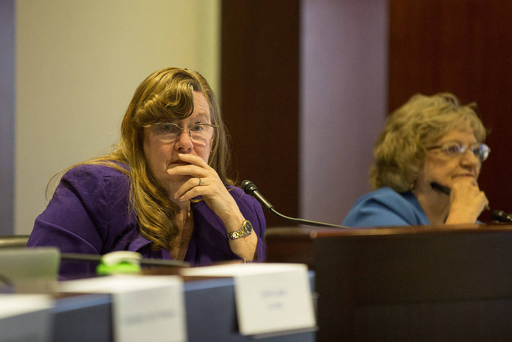 Co-chair and assemblywoman Maggie Carlton listens to introductions during the first CCSD Commun ...