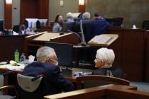 Former U.S. Sen. Harry Reid, left, and his wife, Landra Gould, chat as District Judge Joe Hardy ...