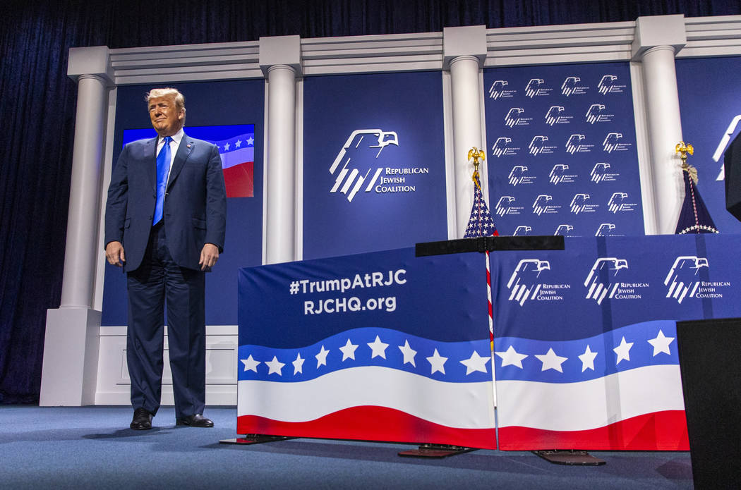 President Donald J. Trump prepares to address the Republican Jewish Coalition during the RJC's ...