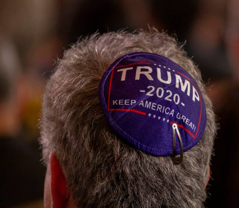 An attendee wears Trump yamaka as President Donald J. Trump addresses the Republican Jewish Coa ...