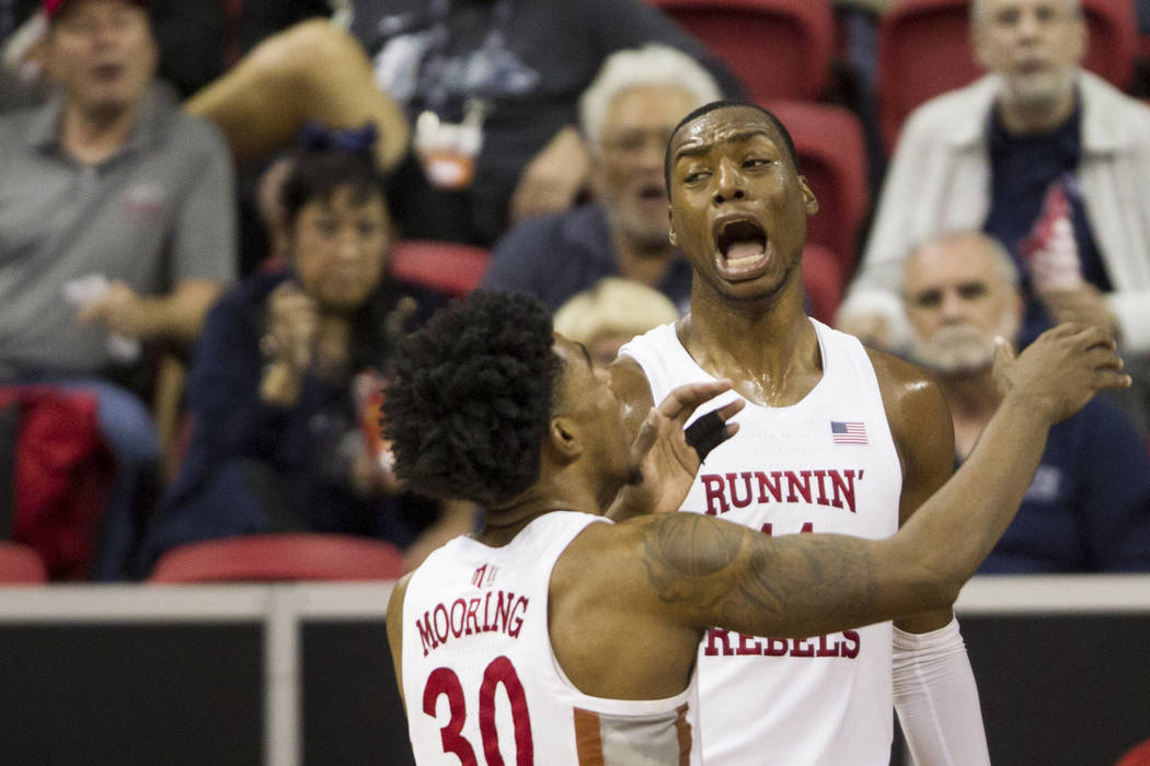 UNLV Rebels forward Brandon McCoy (44) reacts after getting called for a defensive foul against ...