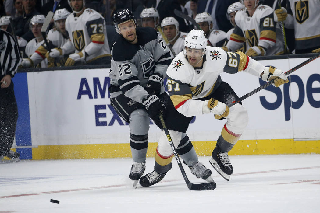 Los Angeles Kings forward Trevor Lewis (22) and Vegas Golden Knights forward Max Pacioretty (67 ...