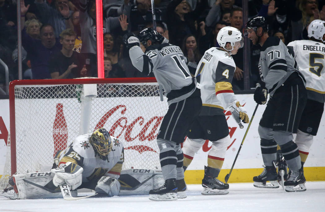 Los Angeles Kings forward Ilya Kovalchuk (17) celebrates a goal by Jeff Carter (77) during the ...
