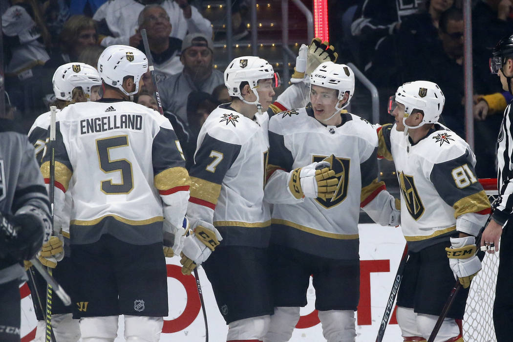 Vegas Golden Knights forward Valentin Zykov (7) celebrates his goal with teammates during the s ...
