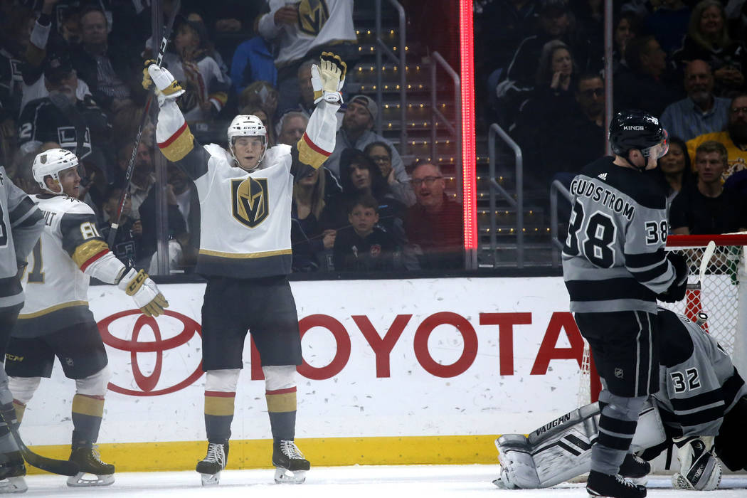 Vegas Golden Knights forward Valentin Zykov (7) celebrates after scoring on Los Angeles Kings g ...