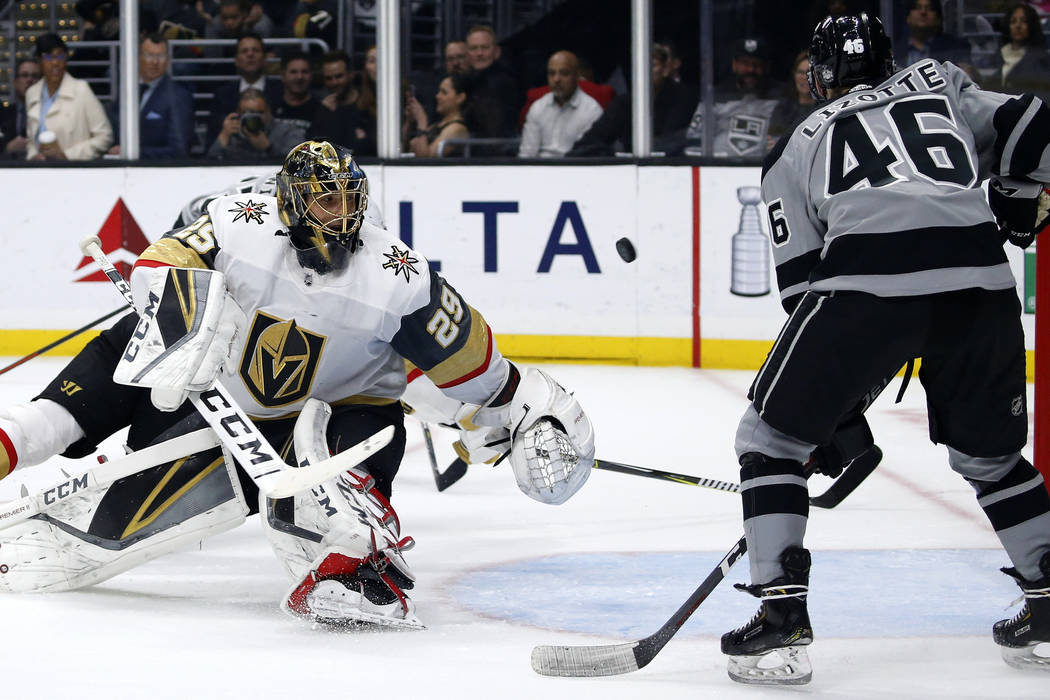 Vegas Golden Knights goalie Marc-Andre Fleury (29) defends against Los Angeles Kings forward Bl ...