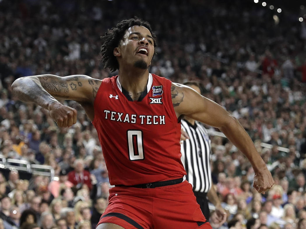 Texas Tech guard Kyler Edwards celebrates during the second half against Michigan State in the ...