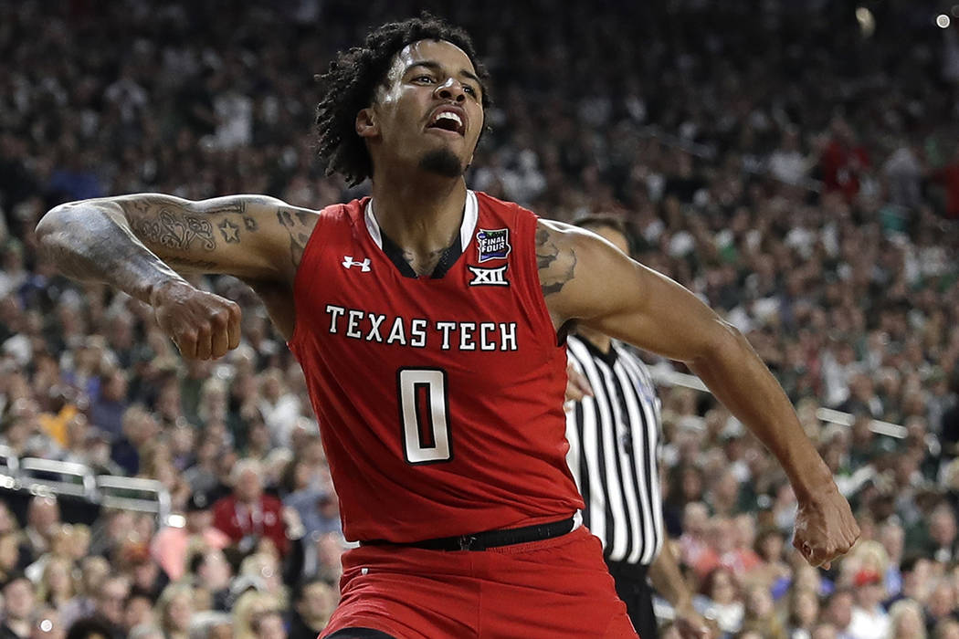 Texas Tech guard Kyler Edwards celebrates during the second half against Michigan State in the ...