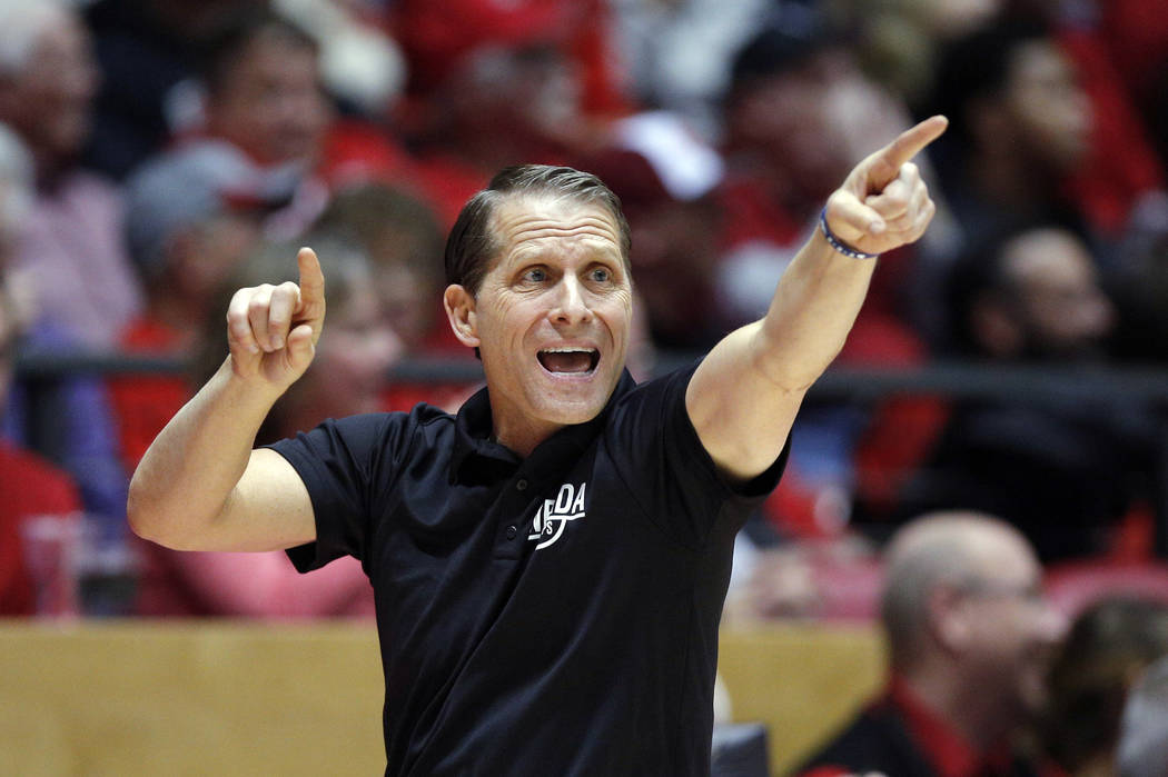 FILE - In this Jan. 5, 2019, file photo, Nevada coach Eric Musselman gives instructions to his ...