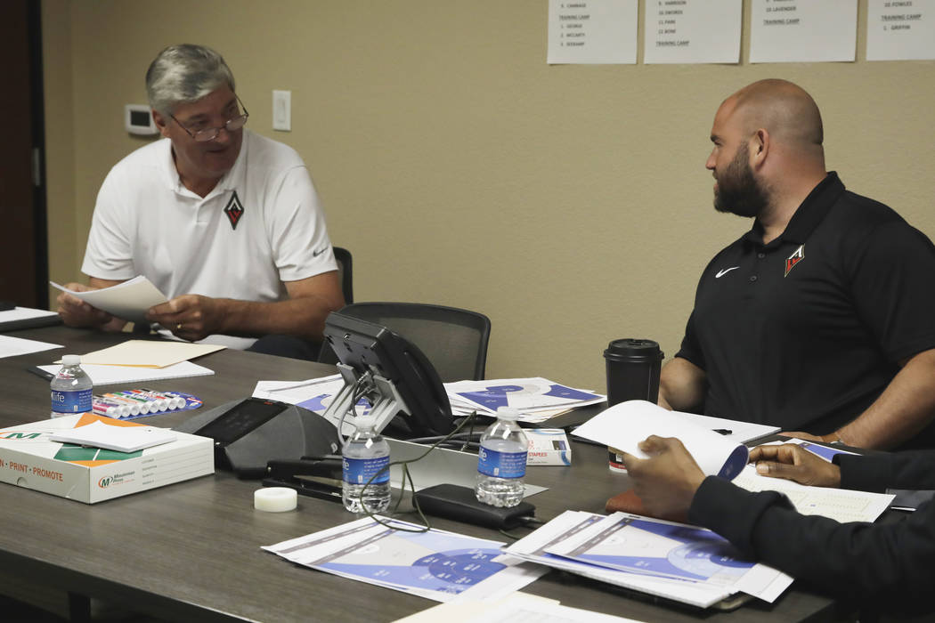 Aces general manager Dan Padover (middle) meets with head coach Bill Laimbeer and assistant coa ...