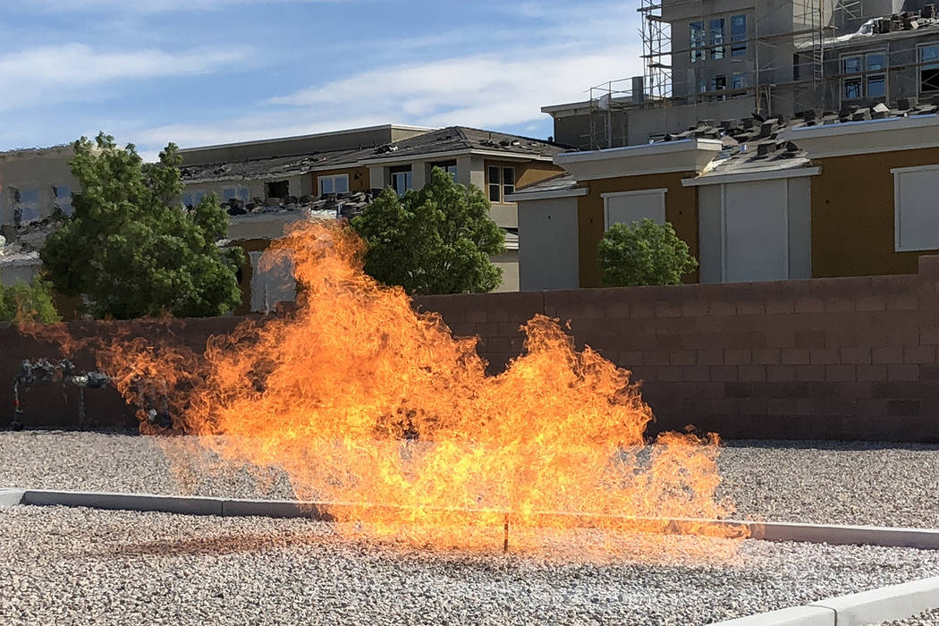 A gas leak is ignited at Southwest Gas' emergency response training facility in Henderson on Ap ...