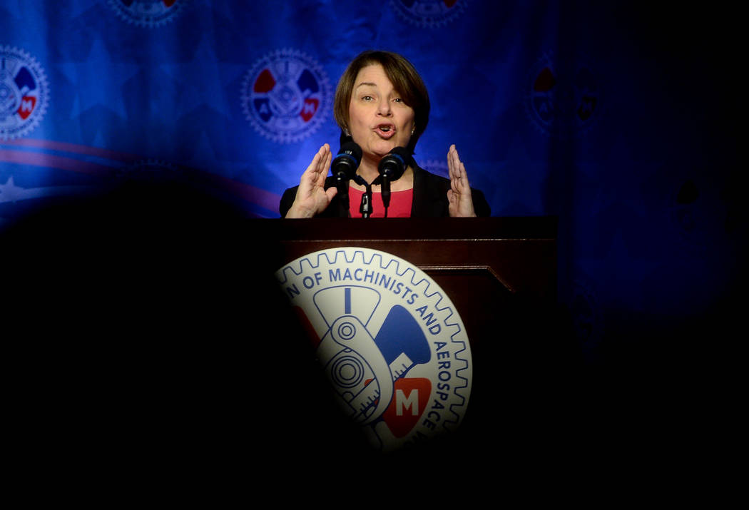 Democratic presidential candidate Sen. Amy Klobuchar, D-Minn., speaks at the International Asso ...