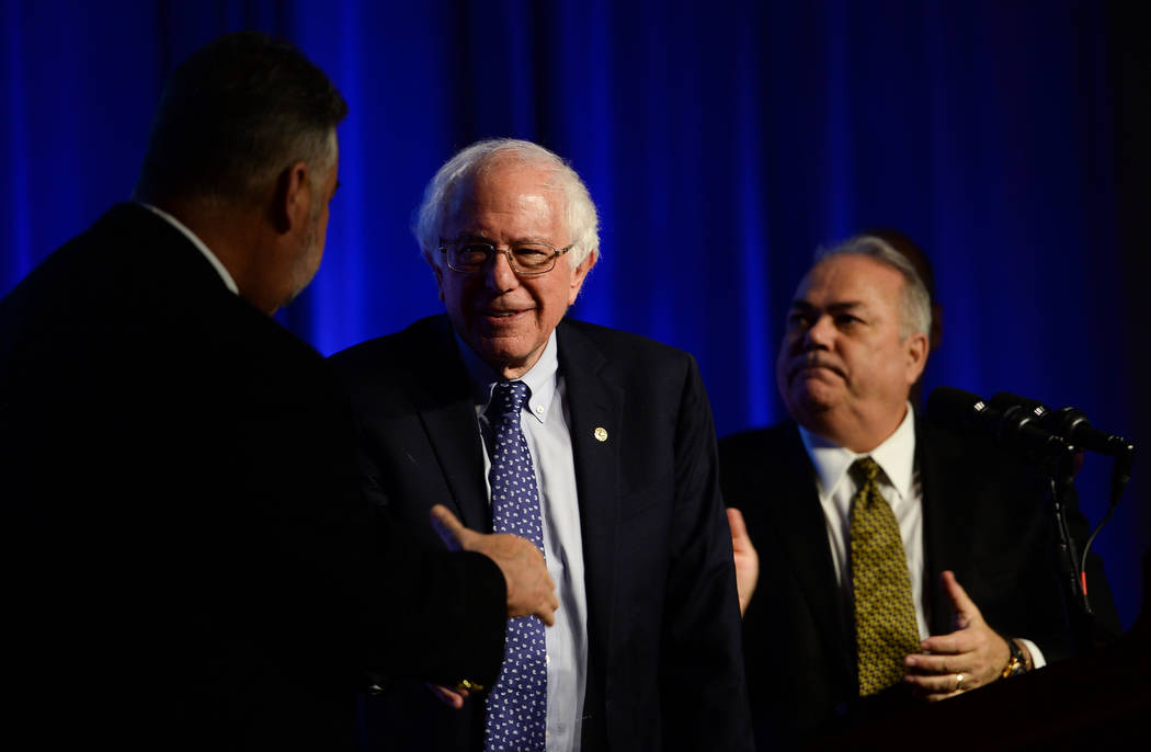 Democratic presidential candidate Sen.ÊBernieÊSanders, I-Vt., greets people on stage ...