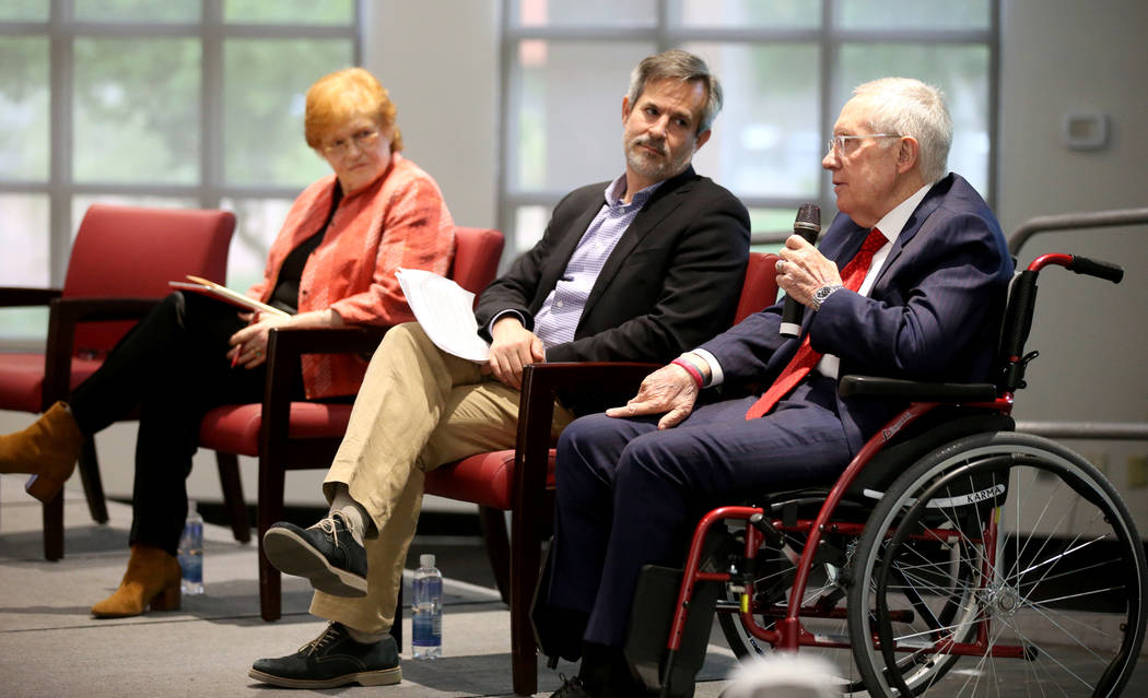 Former Sen. Harry Reid, speaks with author and historian Deborah Lipstadt and journalist Jonath ...