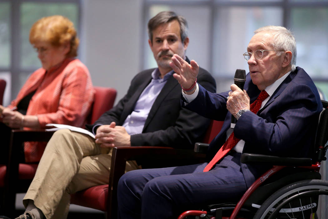 Former Sen. Harry Reid, speaks with author and historian Deborah Lipstadt and journalist Jonath ...
